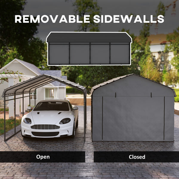 12' x 20' Heavy Duty Metal Carport, Waterproof Garage Car Canopy Shelter with Galvanized Metal Roof and Removable Sidewalls for Cars, Boats, Tractors, Dark Gray