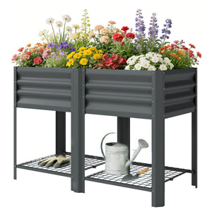 Galvanized Steel Raised Garden Bed, Elevated Planter Box with Legs and Storage Shelf, Raised Planter for Vegetables, Flowers, Herbs, for Outdoor, Patio, Yard, Dark Grey
