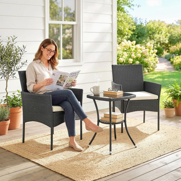 3 Piece Rattan Bistro Set, PE Wicker Garden Furniture Conversation Set, 2 Tier Glass-Top Bistro Table and Chairs for 2 with Cushions for Patio, Balcony, Porch, Cream White