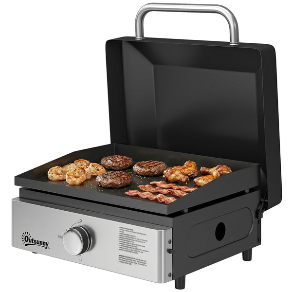 Grill Griddle, Portable Gas Plancha, 3.5 kW, Tabletop Gas BBQ with Grease Cup for Camping Picnic Patios, Black