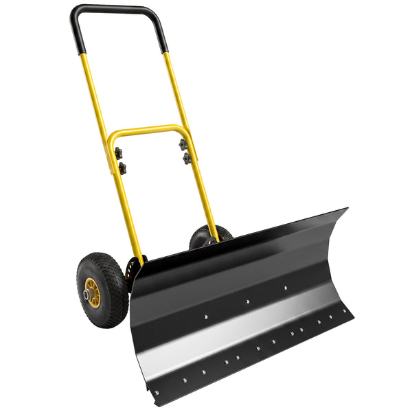 Snow Shovel with Wheels, 29" x 16.5" Heavy Duty Metal Snow Pusher with 5-Level Adjustable Handle, 5-Angle Blade and Non-Slip Grip, for Driveway, Sidewalks, Garden, Deck, Yellow