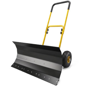 Snow Shovel with Wheels, 29" x 16.5" Heavy Duty Metal Snow Pusher with 5-Level Adjustable Handle, 5-Angle Blade and Non-Slip Grip, for Driveway, Sidewalks, Garden, Deck, Yellow
