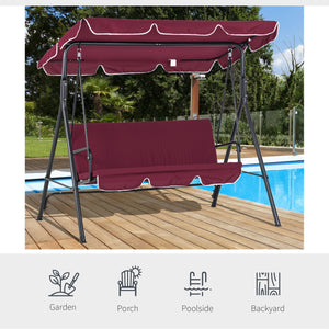 Outsunny 3-Seat Outdoor Patio Swing Chair with Removable Cushion, Steel Frame Stand and Adjustable Tilt Canopy for Patio, Garden, Poolside, Balcony, Backyard, Wine Red