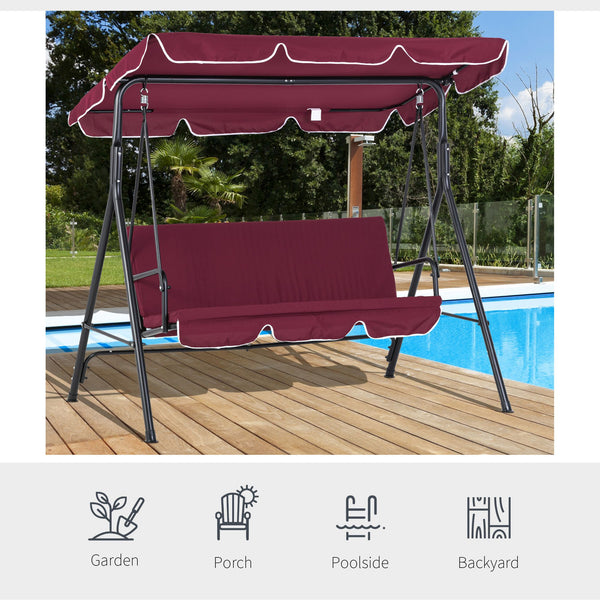 Outsunny 3-Seat Outdoor Patio Swing Chair with Removable Cushion, Steel Frame Stand and Adjustable Tilt Canopy for Patio, Garden, Poolside, Balcony, Backyard, Wine Red