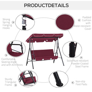 Outsunny 3-Seat Outdoor Patio Swing Chair with Removable Cushion, Steel Frame Stand and Adjustable Tilt Canopy for Patio, Garden, Poolside, Balcony, Backyard, Wine Red