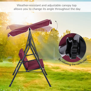 Outsunny 3-Seat Outdoor Patio Swing Chair with Removable Cushion, Steel Frame Stand and Adjustable Tilt Canopy for Patio, Garden, Poolside, Balcony, Backyard, Wine Red