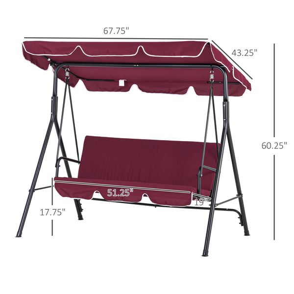 Outsunny 3-Seat Outdoor Patio Swing Chair with Removable Cushion, Steel Frame Stand and Adjustable Tilt Canopy for Patio, Garden, Poolside, Balcony, Backyard, Wine Red