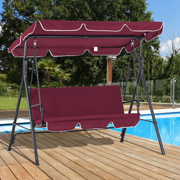 Outsunny 3-Seat Outdoor Patio Swing Chair with Removable Cushion, Steel Frame Stand and Adjustable Tilt Canopy for Patio, Garden, Poolside, Balcony, Backyard, Wine Red