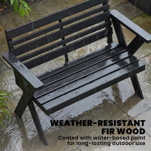 2 Seater Wooden Garden Bench, Slatted Patio Bench with Armrest and Backrest, Outdoor Furniture with X-Frame Legs for Park, Balcony, Terrace, Black