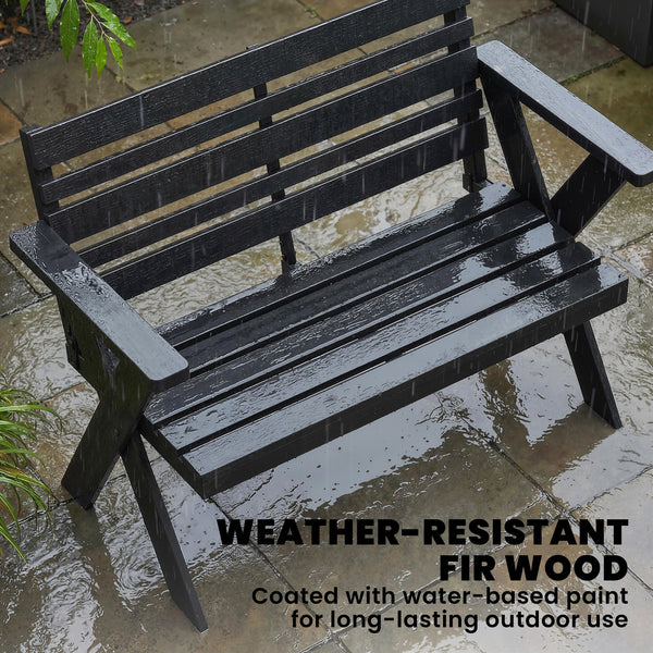 2 Seater Wooden Garden Bench, Slatted Patio Bench with Armrest and Backrest, Outdoor Furniture with X-Frame Legs for Park, Balcony, Terrace, Black