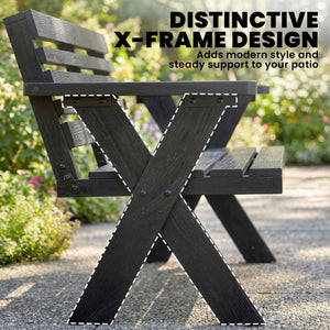 2 Seater Wooden Garden Bench, Slatted Patio Bench with Armrest and Backrest, Outdoor Furniture with X-Frame Legs for Park, Balcony, Terrace, Black