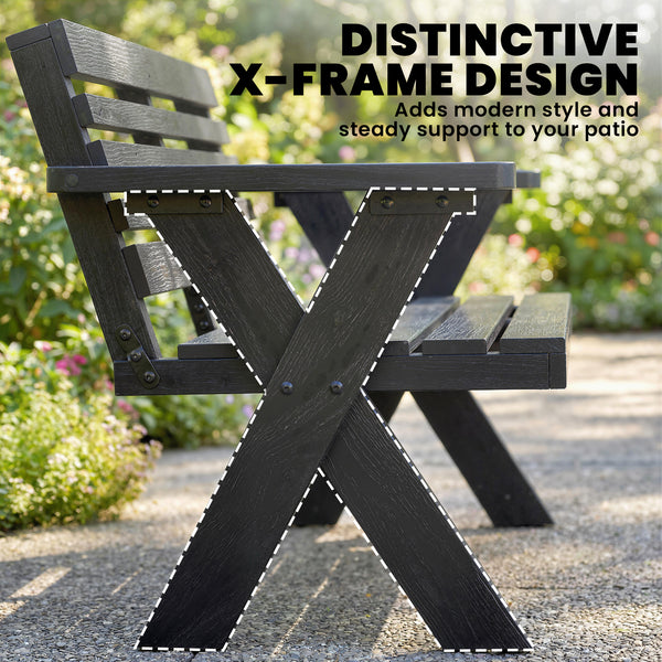 2 Seater Wooden Garden Bench, Slatted Patio Bench with Armrest and Backrest, Outdoor Furniture with X-Frame Legs for Park, Balcony, Terrace, Black