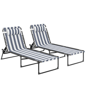 Folding Chaise Lounge Chair Set of 2, Patio Sun Tanning Chair, Outdoor Chaise Lounger with 4-Position Reclining Back, Breathable Mesh Seat for Beach, Poolside, Yard, Blue and White