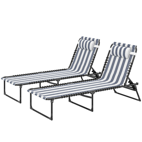 Folding Chaise Lounge Chair Set of 2, Patio Sun Tanning Chair, Outdoor Chaise Lounger with 4-Position Reclining Back, Breathable Mesh Seat for Beach, Poolside, Yard, Blue and White