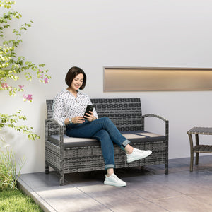 Garden Storage Bench with 125L Capacity, 2 Seater PE Rattan Garden Bench with Storage, Cushion, Wicker Outdoor Bench Loveseat with Steel Frame for Patio, Grey