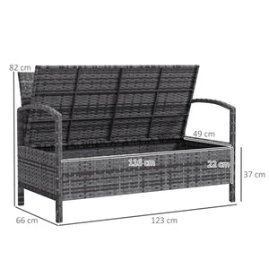Garden Storage Bench with 125L Capacity, 2 Seater PE Rattan Garden Bench with Storage, Cushion, Wicker Outdoor Bench Loveseat with Steel Frame for Patio, Grey