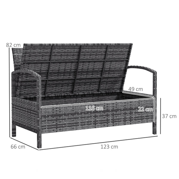Garden Storage Bench with 125L Capacity, 2 Seater PE Rattan Garden Bench with Storage, Cushion, Wicker Outdoor Bench Loveseat with Steel Frame for Patio, Grey