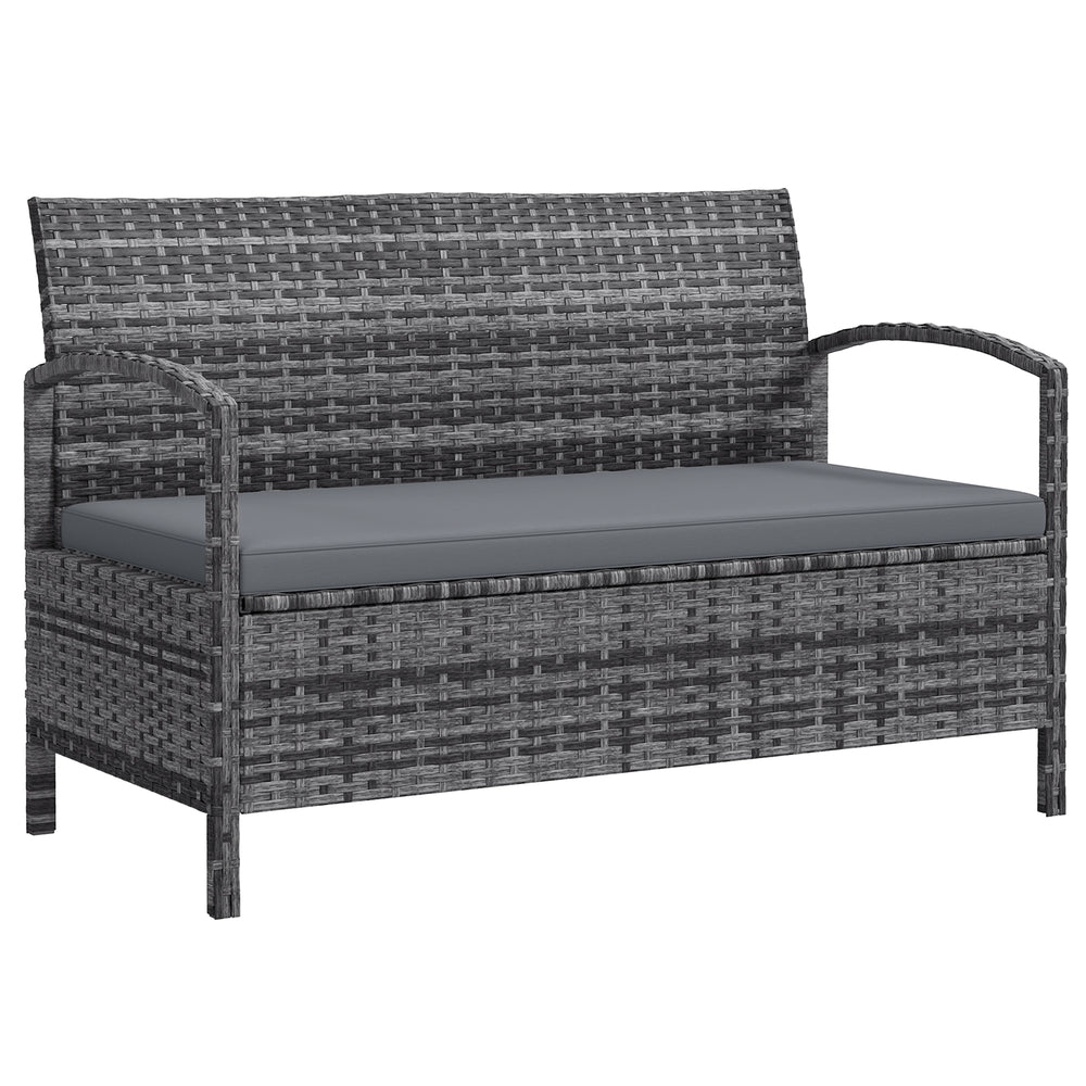 Garden Storage Bench with 125L Capacity, 2 Seater PE Rattan Garden Bench with Storage, Cushion, Wicker Outdoor Bench Loveseat with Steel Frame for Patio, Grey