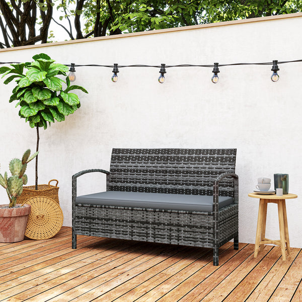 Garden Storage Bench with 125L Capacity, 2 Seater PE Rattan Garden Bench with Storage, Cushion, Wicker Outdoor Bench Loveseat with Steel Frame for Patio, Grey