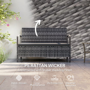 Garden Storage Bench with 125L Capacity, 2 Seater PE Rattan Garden Bench with Storage, Cushion, Wicker Outdoor Bench Loveseat with Steel Frame for Patio, Grey