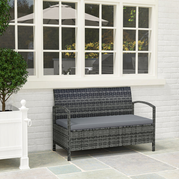 Garden Storage Bench with 125L Capacity, 2 Seater PE Rattan Garden Bench with Storage, Cushion, Wicker Outdoor Bench Loveseat with Steel Frame for Patio, Grey