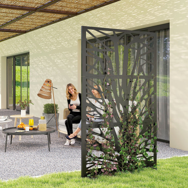 Metal Outdoor Privacy Screen, 72" x 38" Freestanding Outdoor Divider, Wall-Mounted Decorative Panel with Trunk Cut-out Design for Garden Patio Backyard, Black