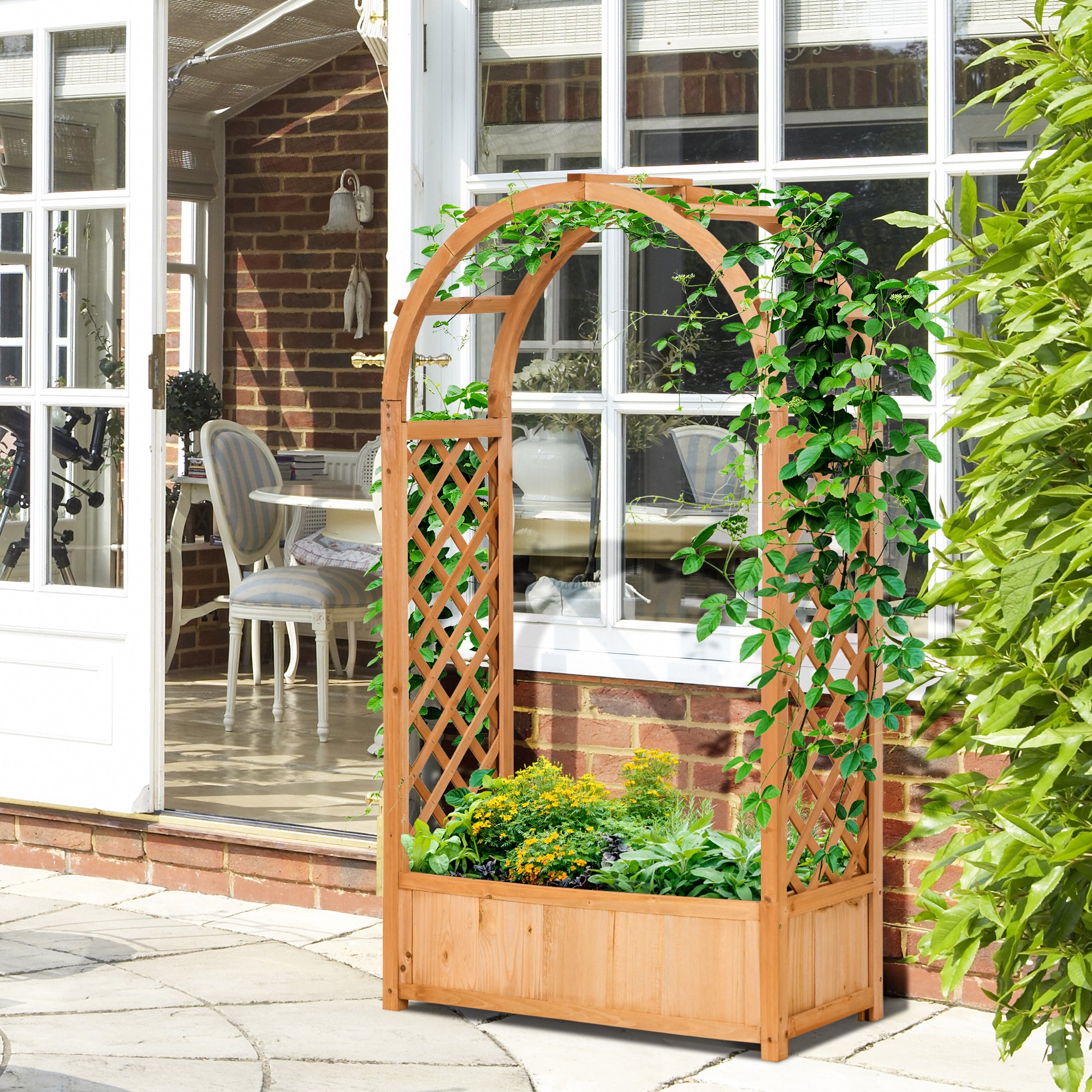 planter with arch trellis Outsunny Raised Garden Bed with Arch Trellis, Freestanding Garden Planter Box, Outdoor Planter Container for Vine Climbing Plant Flower Herb, Br
