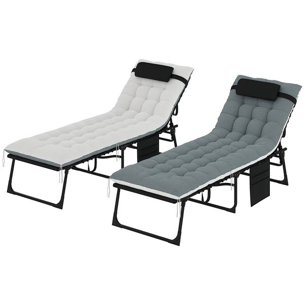Folding Outdoor Lounge Chair Set of 2, 5-Position Reclining Patio Chaise Lounge Chairs, Tanning Chair with Cushion, Headrest, Side Pocket for Beach, Poolside, Black/Grey