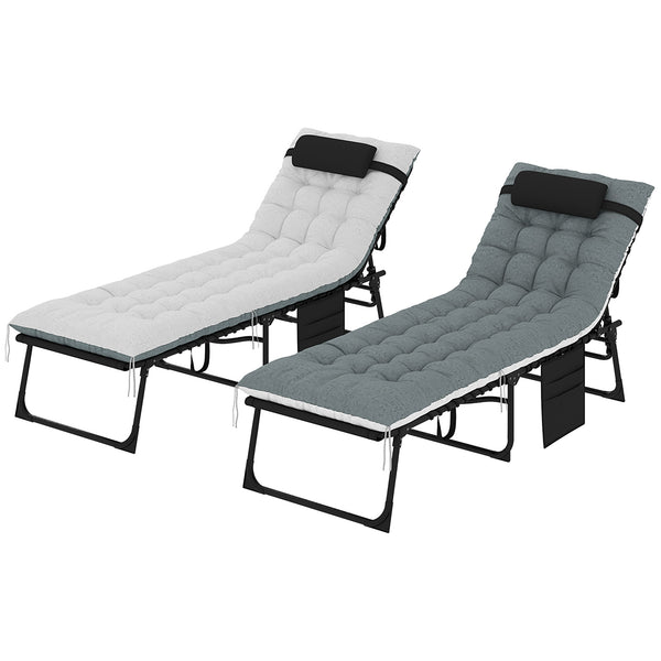 Folding Outdoor Lounge Chair Set of 2, 5-Position Reclining Patio Chaise Lounge Chairs, Tanning Chair with Cushion, Headrest, Side Pocket for Beach, Poolside, Black/Grey