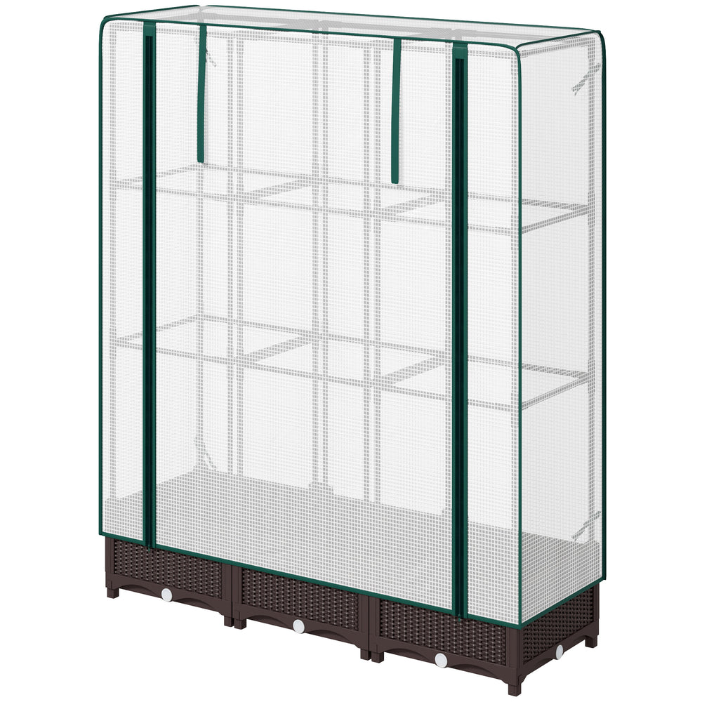 Raised Garden Bed with Trellis, Outdoor Planter Box with PE Greenhouse Cover, Drainage Holes and Zipper Door for Patio, Backyard, Balcony, 47 x 16 x 50 inch, Brown