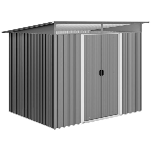9ft x 6.5ft Metal Shed with Lightsky Panels, Garden Storage Tool House with Double Doors for Garden, Patio and Lawn, Light Grey