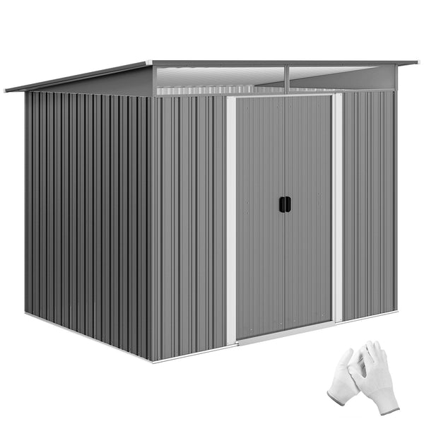 9ft x 6.5ft Metal Shed with Lightsky Panels, Garden Storage Tool House with Double Doors for Garden, Patio and Lawn, Light Grey