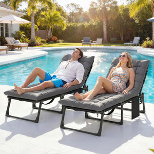 Lounge Chair Outdoor Set of 2, 75 cm Wide Folding Chaise Lounge Tanning Chair, 5-Position Beach Patio Lounger Camping Cot Bed with Cushion, Side Pocket, Dark Grey