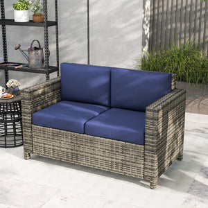 2 Seat Patio Loveseat Deluxe Wicker Sofa Chair Outdoor Rattan Furniture Couch All Weather with Cushion for Balcony, Deck, Garden and Poolside, Dark Blue
