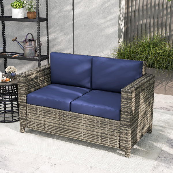 2 Seat Patio Loveseat Deluxe Wicker Sofa Chair Outdoor Rattan Furniture Couch All Weather with Cushion for Balcony, Deck, Garden and Poolside, Dark Blue
