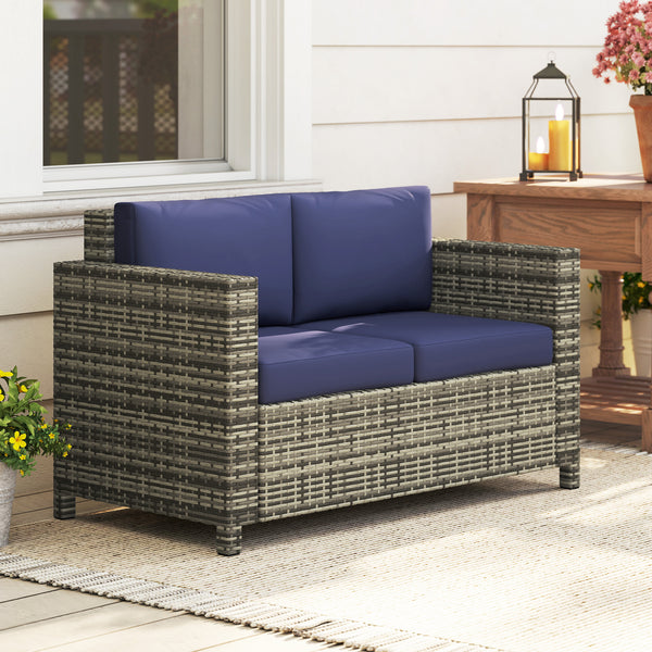 2 Seat Patio Loveseat Deluxe Wicker Sofa Chair Outdoor Rattan Furniture Couch All Weather with Cushion for Balcony, Deck, Garden and Poolside, Dark Blue