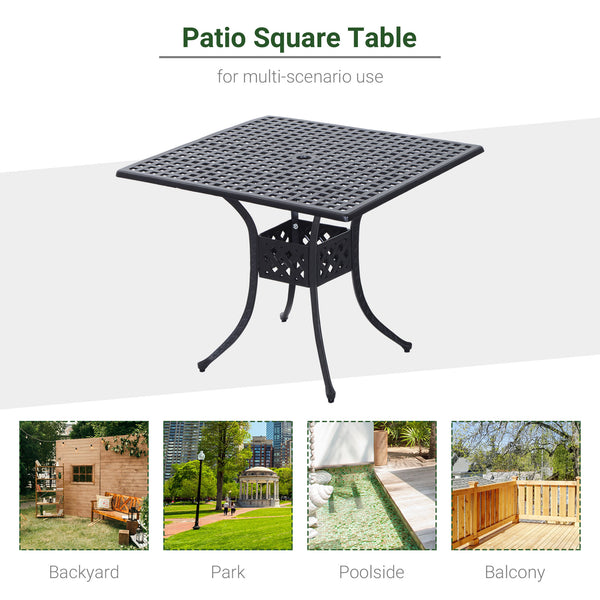 90 x 90cm Square Garden Dining Table with 46.5mm Dia. Umbrella Hole, Cast Aluminium Outdoor Dining Table, Grid Motif Outdoor Table for Garden, Patio, Porch, Black