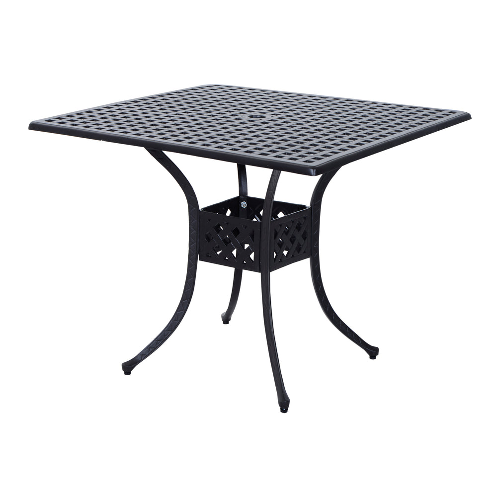 90 x 90cm Square Garden Dining Table with 46.5mm Dia. Umbrella Hole, Cast Aluminium Outdoor Dining Table, Grid Motif Outdoor Table for Garden, Patio, Porch, Black