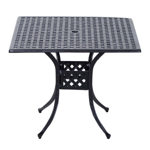 90 x 90cm Square Garden Dining Table with 46.5mm Dia. Umbrella Hole, Cast Aluminium Outdoor Dining Table, Grid Motif Outdoor Table for Garden, Patio, Porch, Black
