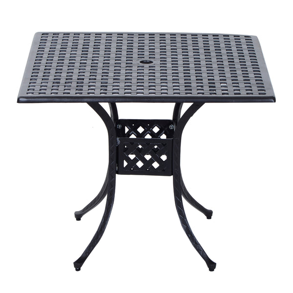 90 x 90cm Square Garden Dining Table with 46.5mm Dia. Umbrella Hole, Cast Aluminium Outdoor Dining Table, Grid Motif Outdoor Table for Garden, Patio, Porch, Black