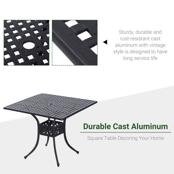 90 x 90cm Square Garden Dining Table with 46.5mm Dia. Umbrella Hole, Cast Aluminium Outdoor Dining Table, Grid Motif Outdoor Table for Garden, Patio, Porch, Black