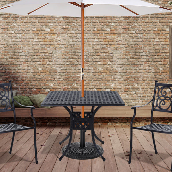 90 x 90cm Square Garden Dining Table with 46.5mm Dia. Umbrella Hole, Cast Aluminium Outdoor Dining Table, Grid Motif Outdoor Table for Garden, Patio, Porch, Black