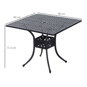 90 x 90cm Square Garden Dining Table with 46.5mm Dia. Umbrella Hole, Cast Aluminium Outdoor Dining Table, Grid Motif Outdoor Table for Garden, Patio, Porch, Black