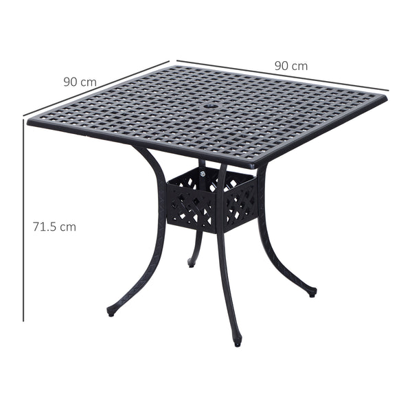 90 x 90cm Square Garden Dining Table with 46.5mm Dia. Umbrella Hole, Cast Aluminium Outdoor Dining Table, Grid Motif Outdoor Table for Garden, Patio, Porch, Black