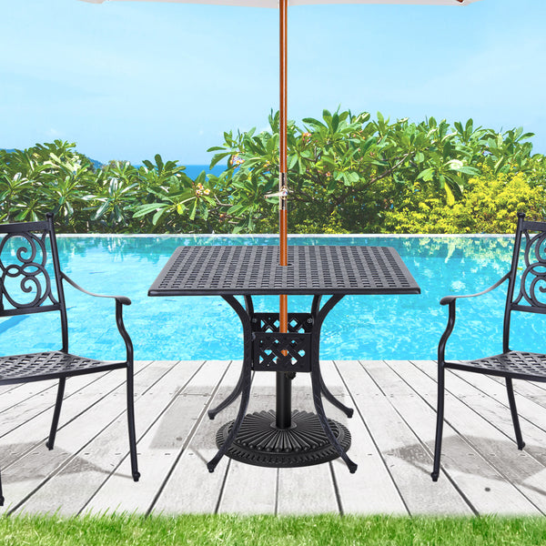 90 x 90cm Square Garden Dining Table with 46.5mm Dia. Umbrella Hole, Cast Aluminium Outdoor Dining Table, Grid Motif Outdoor Table for Garden, Patio, Porch, Black