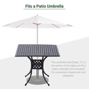 90 x 90cm Square Garden Dining Table with 46.5mm Dia. Umbrella Hole, Cast Aluminium Outdoor Dining Table, Grid Motif Outdoor Table for Garden, Patio, Porch, Black