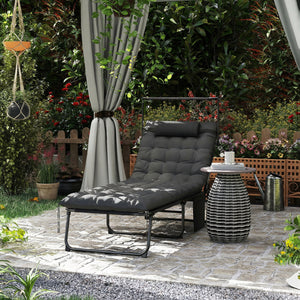 Folding Chaise Lounge Chair with Cushion and Adjustable Sun Shade, 4-Position Adjustable Outdoor Lounge Chair with Headrest, Sun Lounger with Cushion for Porch, Dark Grey