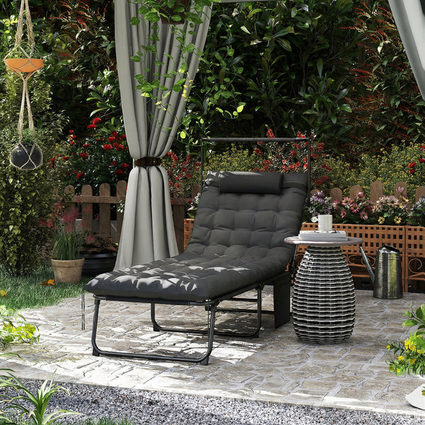 Folding Chaise Lounge Chair with Cushion and Adjustable Sun Shade, 4-Position Adjustable Outdoor Lounge Chair with Headrest, Sun Lounger with Cushion for Porch, Dark Grey