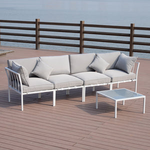 Outsunny 5 Piece Outdoor Furniture Patio Conversation Seating Set, 2 Sofa Chairs, & Coffee Table, White