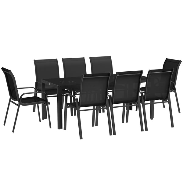 8 Seater Garden Dining Set with Stacking Chairs, Rectangular Tempered Glass Top, Garden Furniture Set, Outdoor Dining Table and Chairs for Patio, Balcony, Poolside, Black